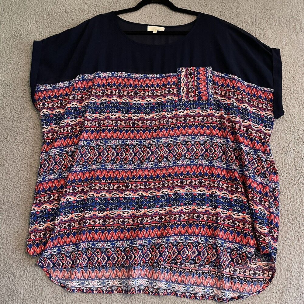 Dept222 Womens Plus 3X High Low Part Sheer Navy Blouse